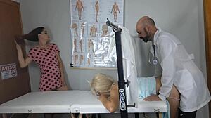 Stepmom joins stepdaughter's first fake gyno pussy exam