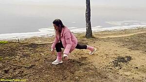 Flexible Nympho Stretches Legs Wide for Rough Forest Facial Banging