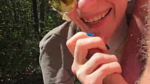 Wife sneaks quick handjob on walk flashing pierced nipples under skirt