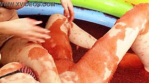 chloe conrad and leila bee finger and lick in strawberry jelly pool!