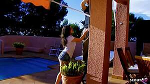 Teen Slut Begs Older Worker for Poolside Anal Quickie and Mouth Cum