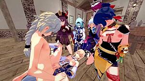 Genshin Impact Hentai: Teen Tits and Ass in Reverse Gangbang Cumshot