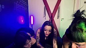 college janitor gets blowjob from emo latina students in sheer red