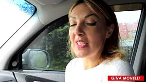 fit babe slurps stranger's cock in car for risky public cum gulp