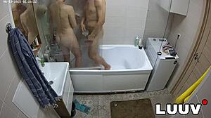 luuv esteban and foxy flash natural tits in steamy shower voyeur fun