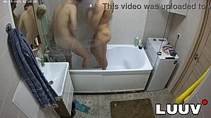luuv esteban and foxy flash natural tits in steamy shower voyeur fun