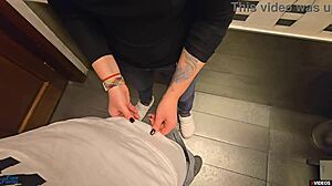 cuckold, watch your milf take creampie in restaurant toilet pov