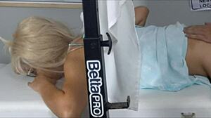 Stepmom joins stepdaughter's first fake gyno pussy exam
