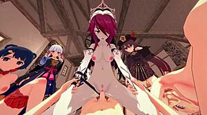Genshin Impact Hentai: Teen Tits and Ass in Reverse Gangbang Cumshot