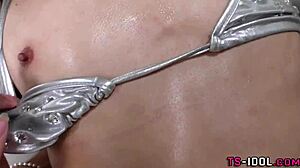 petite tgirl in lingerie strokes cock to facial fetish explosion