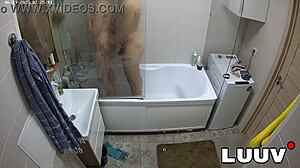 luuv esteban and foxy flash natural tits in steamy shower voyeur fun
