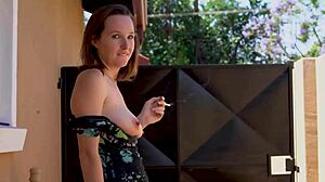 Skinny Big Tits Slut Smokes Seductively Outdoors Next Door