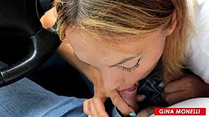 fit babe slurps stranger's cock in car for risky public cum gulp