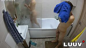 luuv esteban and foxy flash natural tits in steamy shower voyeur fun