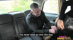 British milf rims passenger ass then fingers him in fake taxi