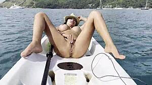 Naughty Monika Fox fingers pierced tits and squirts on public kayak?