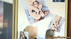 overwhelmed by busty milf's shaved pussy queening her cute teen stepdaughter's face