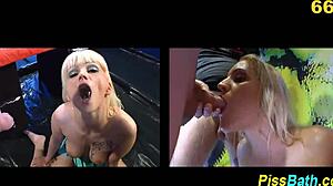 Bizarre drunk ho gulps down hot golden shower piss!