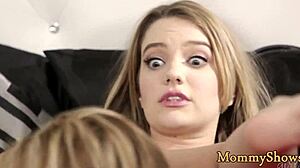 overwhelmed by busty milf's shaved pussy queening her cute teen stepdaughter's face