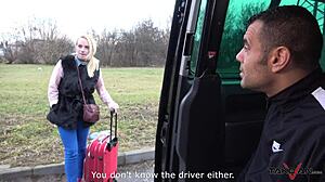 blonde traveler trades blowjob for big cock ride in moving taxi