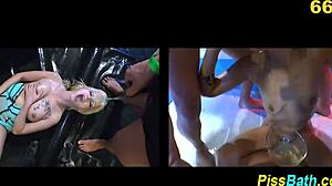 Bizarre drunk ho gulps down hot golden shower piss!