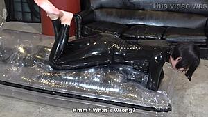 Mistress Yuen Facesits Spits Handjobs Bound Masochist in Latex