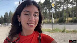 Crazy Brunette Sucks Huge Cock in Bushes for Massive Public Facial Cumwalk