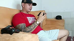 stepson strokes thick cock to porn as horny stepmom milks his load part one
