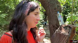 Crazy Brunette Sucks Huge Cock in Bushes for Massive Public Facial Cumwalk