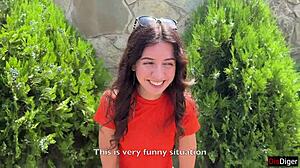 Crazy Brunette Sucks Huge Cock in Bushes for Massive Public Facial Cumwalk