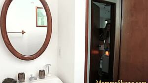 overwhelmed by busty milf's shaved pussy queening her cute teen stepdaughter's face