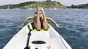 Naughty Monika Fox fingers pierced tits and squirts on public kayak?