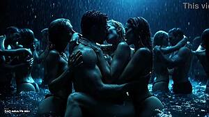 Ai-generated chaos of wet flying boobs splashing water jets