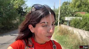 Crazy Brunette Sucks Huge Cock in Bushes for Massive Public Facial Cumwalk