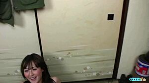 hairy asian pussy pounded doggystyle while sucking cock then vibrator cowgirl ride