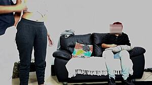 whoa, stepdad tests son's girlfriend right in front of him 😈🍑