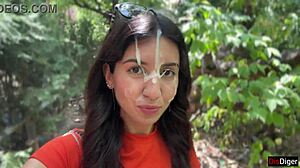 Crazy Brunette Sucks Huge Cock in Bushes for Massive Public Facial Cumwalk