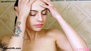 Petite brunette slips into a steamy sensual shower alone