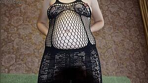 skinny pregnant russian milf's hairy puffy pussy and big nipple tits tease in tight leggings foot fetish homemade