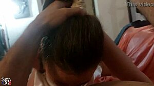 French amateur in satin lingerie deepthroats cock pov closeup