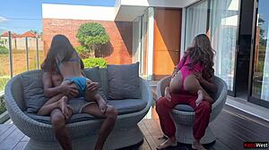 two horny couples swap partners for poolside outdoor fucking