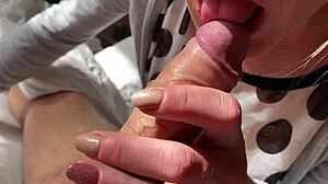 Neighbor milf teases foreskin with lipstick spit handjob torture