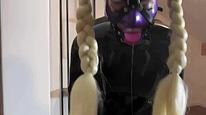 Submissive latex slut chokes on throatfuck craving facial cum explosion