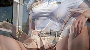AI Blonde Flashes Panties Upskirt and Pussy Outdoor on Golf Field Skirt