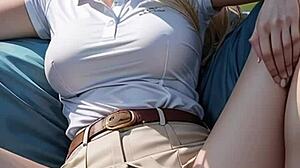 AI Blonde Flashes Panties Upskirt and Pussy Outdoor on Golf Field Skirt