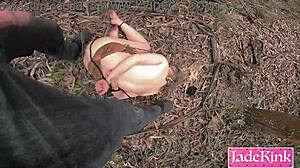 stranger binds blue-eyed girl to forest tree for brutal rough domination fuck!