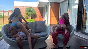 two horny couples swap partners for poolside outdoor fucking