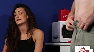 British Office Voyeur Teases Sub to Stroke in Kitchen Humiliation