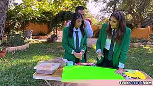 Cute uniform teen offers free pussy at uni FFM stand 😘🍑