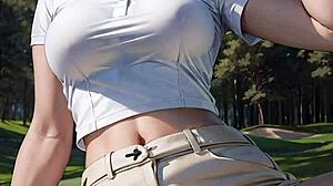 AI Blonde Flashes Panties Upskirt and Pussy Outdoor on Golf Field Skirt